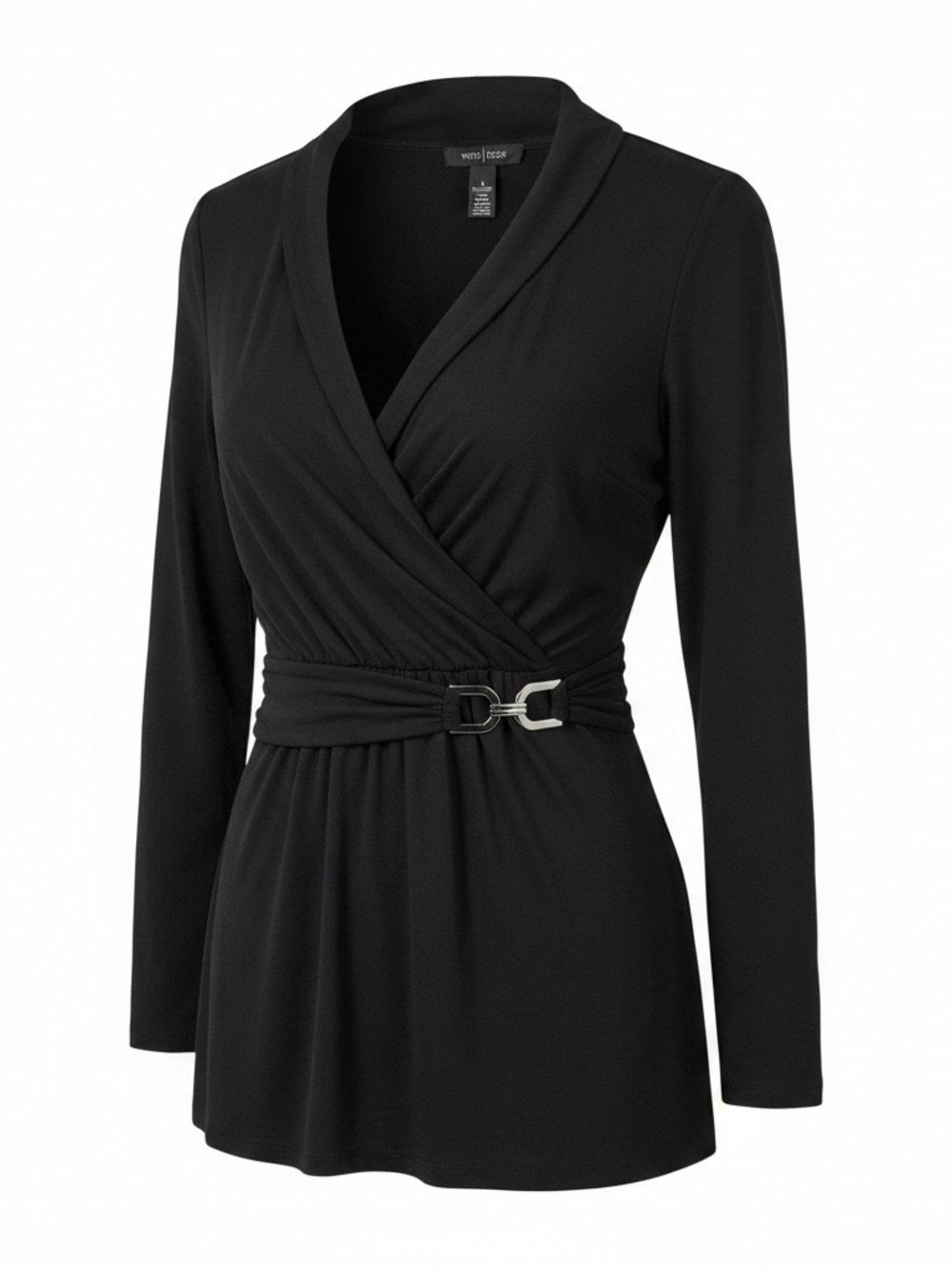 White House Black Market black long-sleeve faux wrap top  Buckle Waist Medium